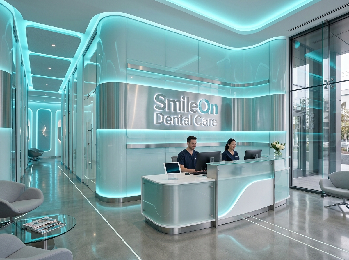 SmileOn Dental Care Interior Reception with Illuminated Signage
